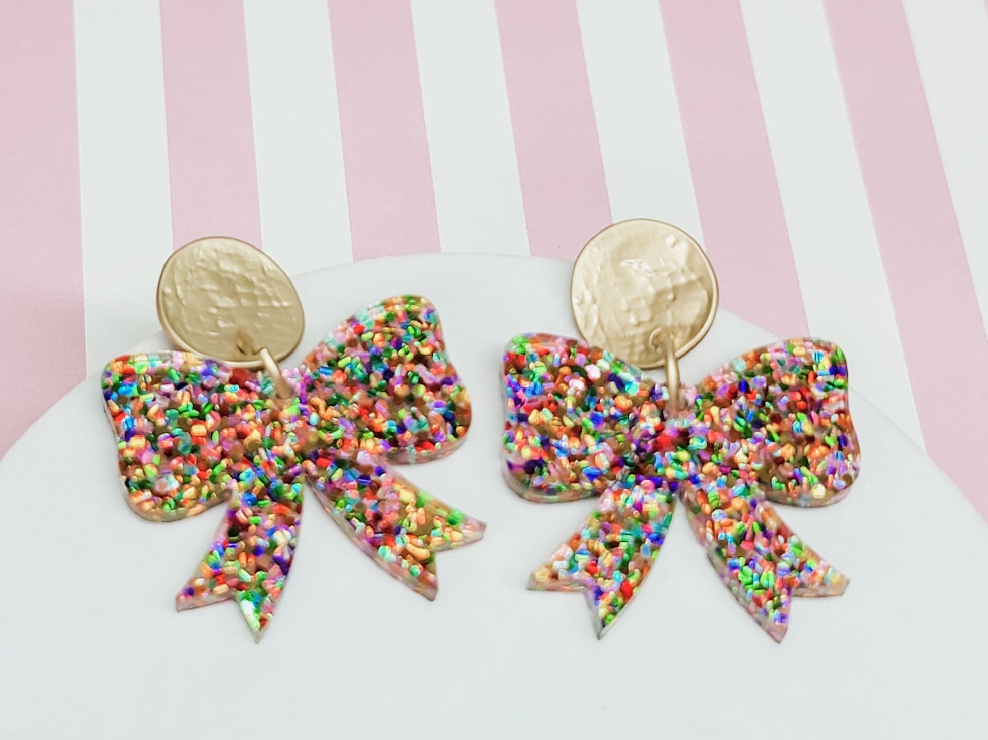 Glitter Bow Earrings, Bow Studs, Pink Acrylic Bow Earrings, Bow Jewelry, Glitter Pendant