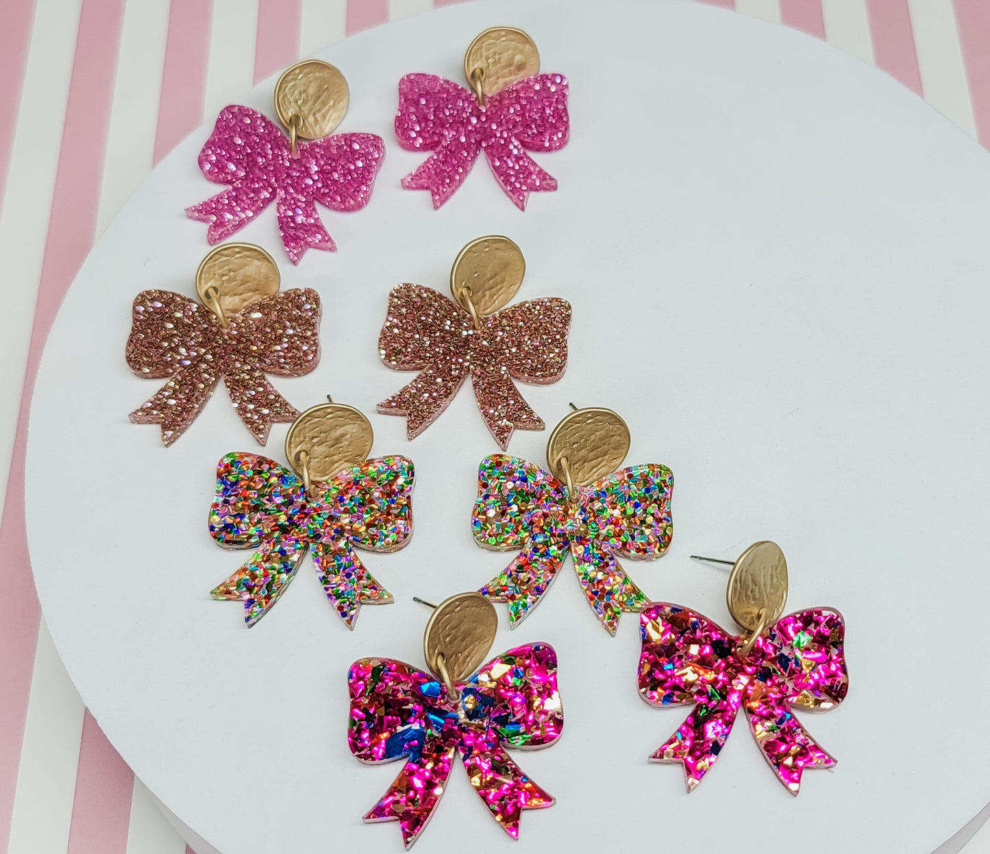 Glitter Bow Earrings, Bow Studs, Pink Acrylic Bow Earrings, Bow Jewelry, Glitter Pendant