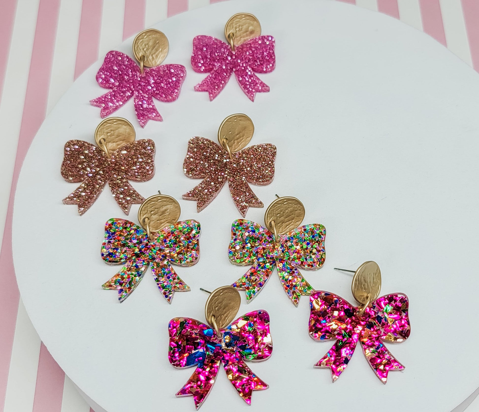 Glitter Bow Earrings, Bow Studs, Pink Acrylic Bow Earrings, Bow Jewelry, Glitter Pendant