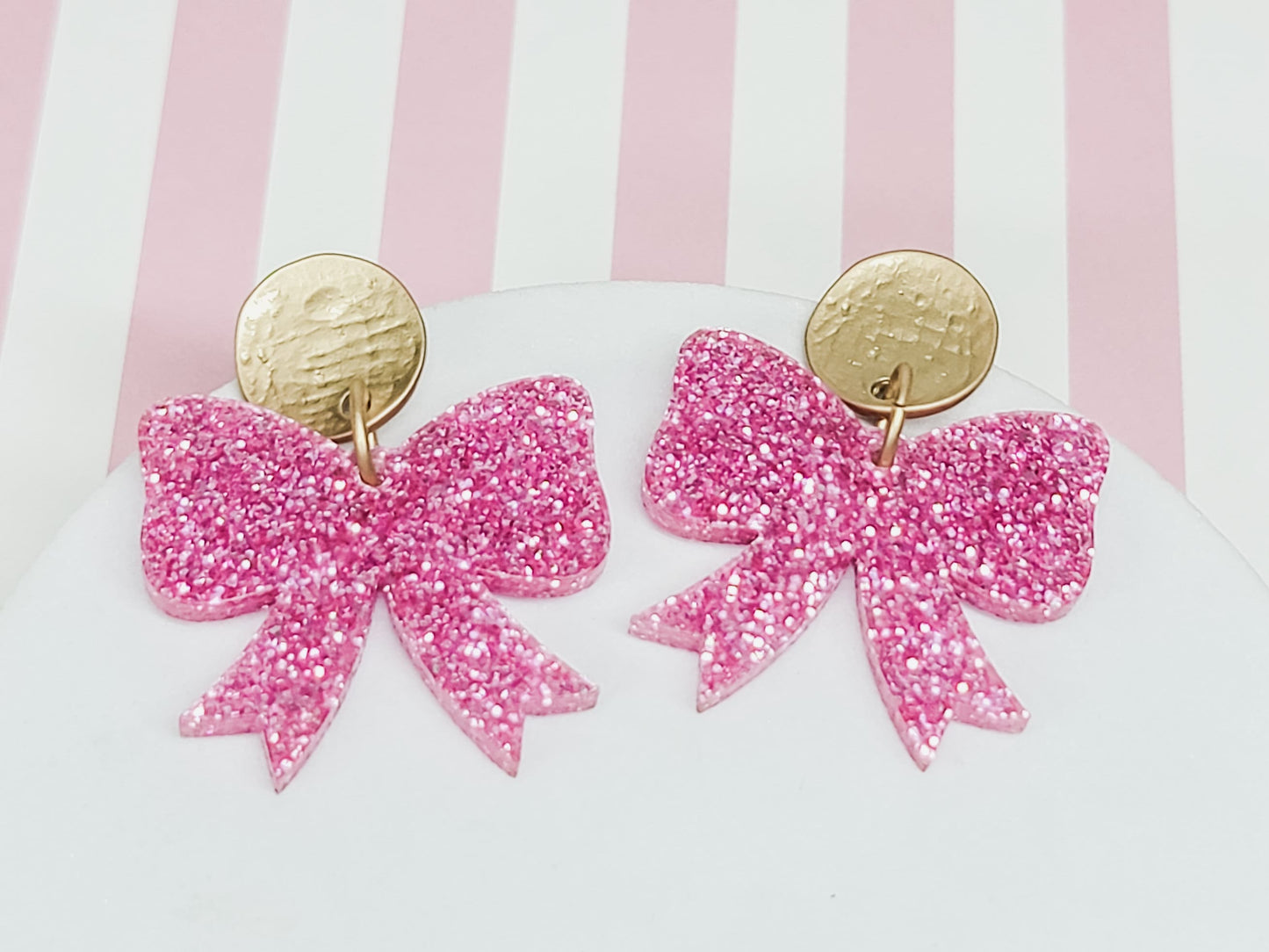 Glitter Bow Earrings, Bow Studs, Pink Acrylic Bow Earrings, Bow Jewelry, Glitter Pendant