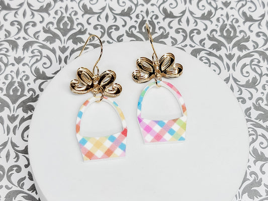 Easter Basket Earrings, Easter Earrings, Statement Acrylic Earrings, Easter Bunny Jewelry, Spring Earring, Bunny Earring, Plaid Acrylic
