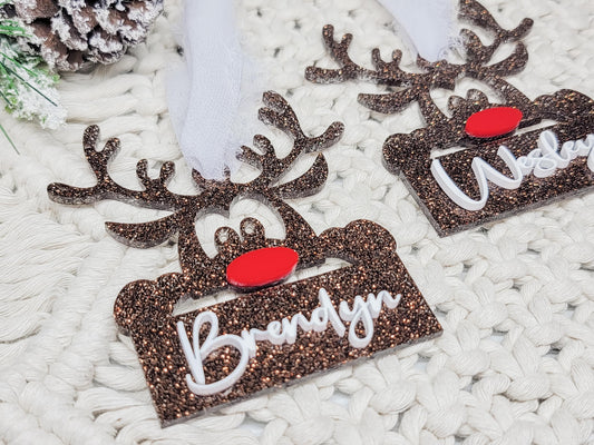 Reindeer Ornament, Personalized Ornament, Rudolph Ornament, Christmas Decor, Gift Tag, Kid Gift Tag, Present Tag