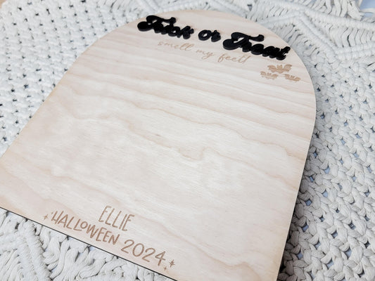 Trick or Treat Sign, Footprint Sign, First Halloween Decor, Personalized Halloween Sign