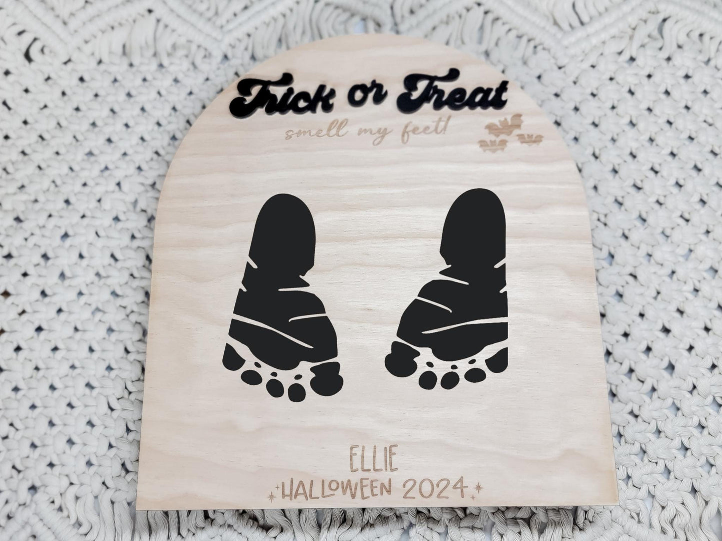 Trick or Treat Sign, Footprint Sign, First Halloween Decor, Personalized Halloween Sign