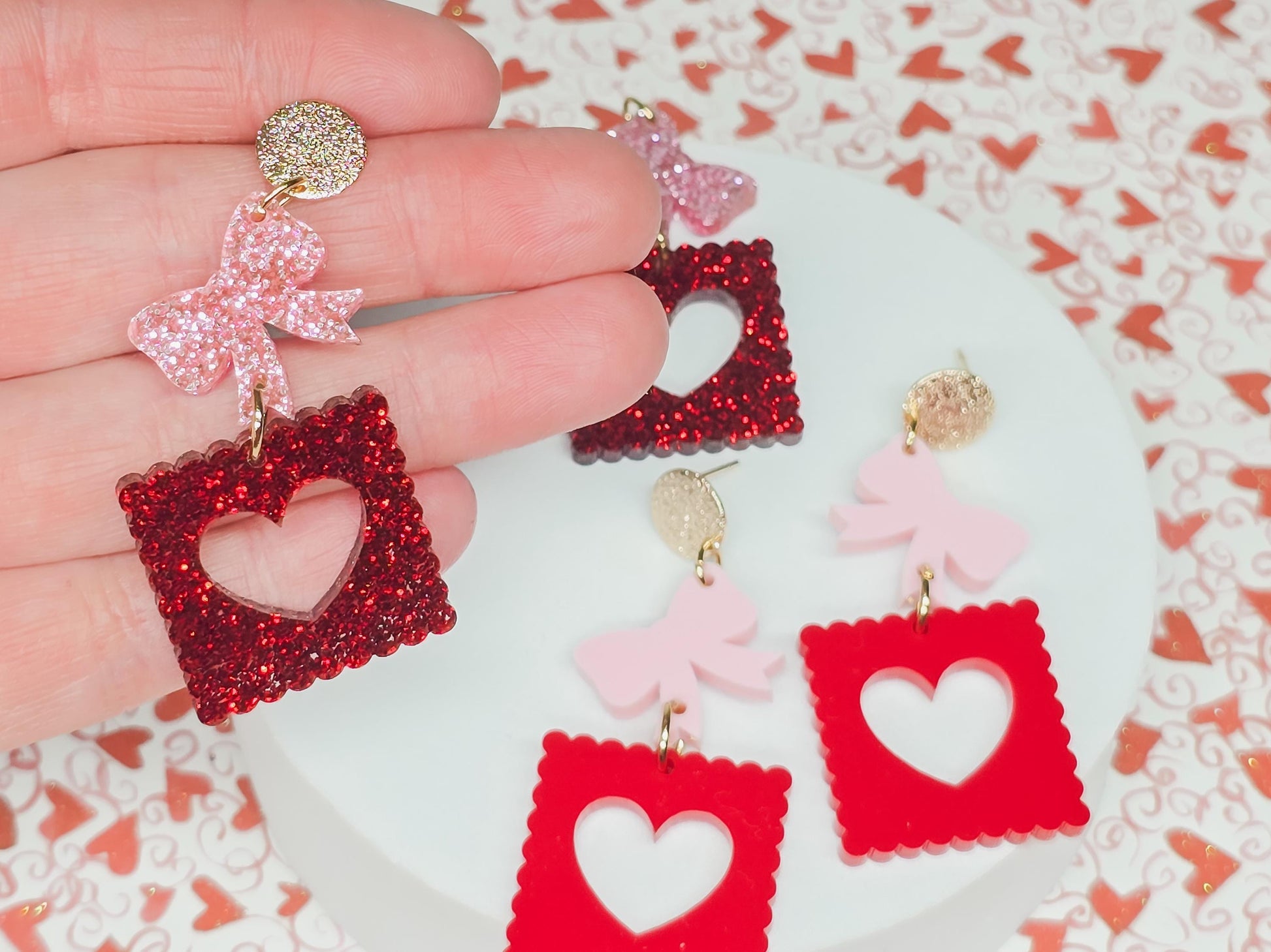 Bow Stamp Acrylic Earrings, Valentine's Accessories, Valentine Pendant, Heart Acrylic, Bow Jewelry