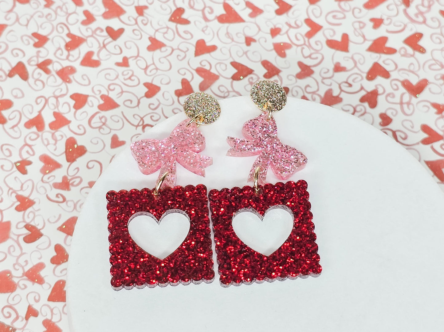 Bow Stamp Acrylic Earrings, Valentine's Accessories, Valentine Pendant, Heart Acrylic, Bow Jewelry