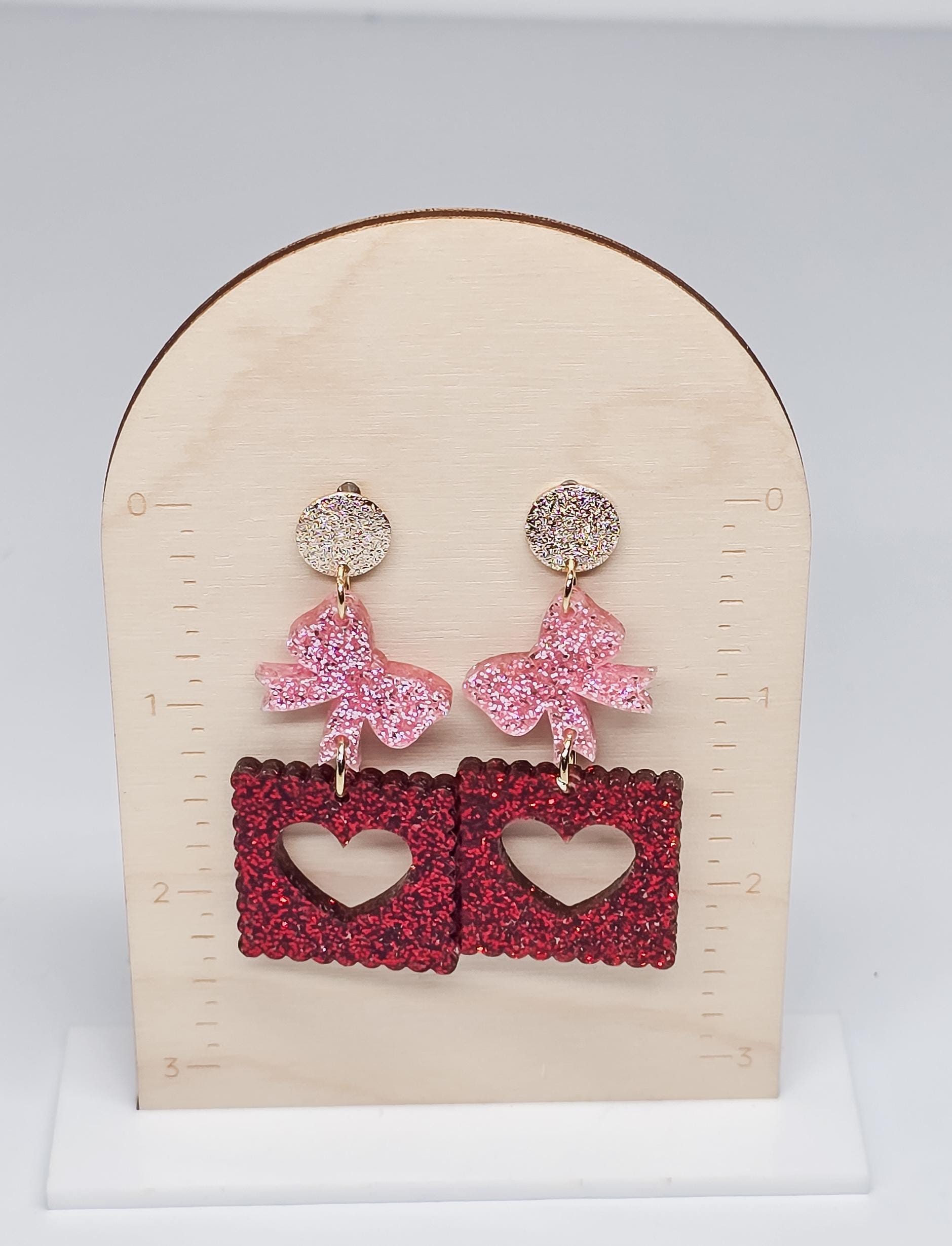 Bow Stamp Acrylic Earrings, Valentine's Accessories, Valentine Pendant, Heart Acrylic, Bow Jewelry