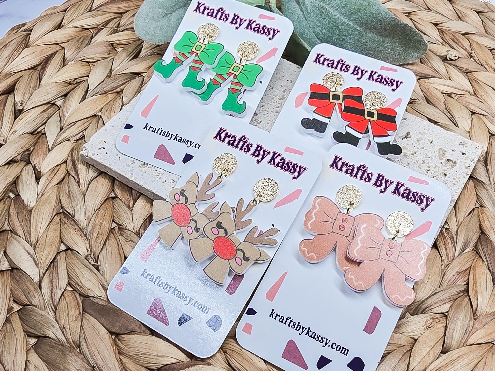 Santa Bow Earrings, Elf Accessories, Gingerbread Acrylic, Reindeer Jewelry
