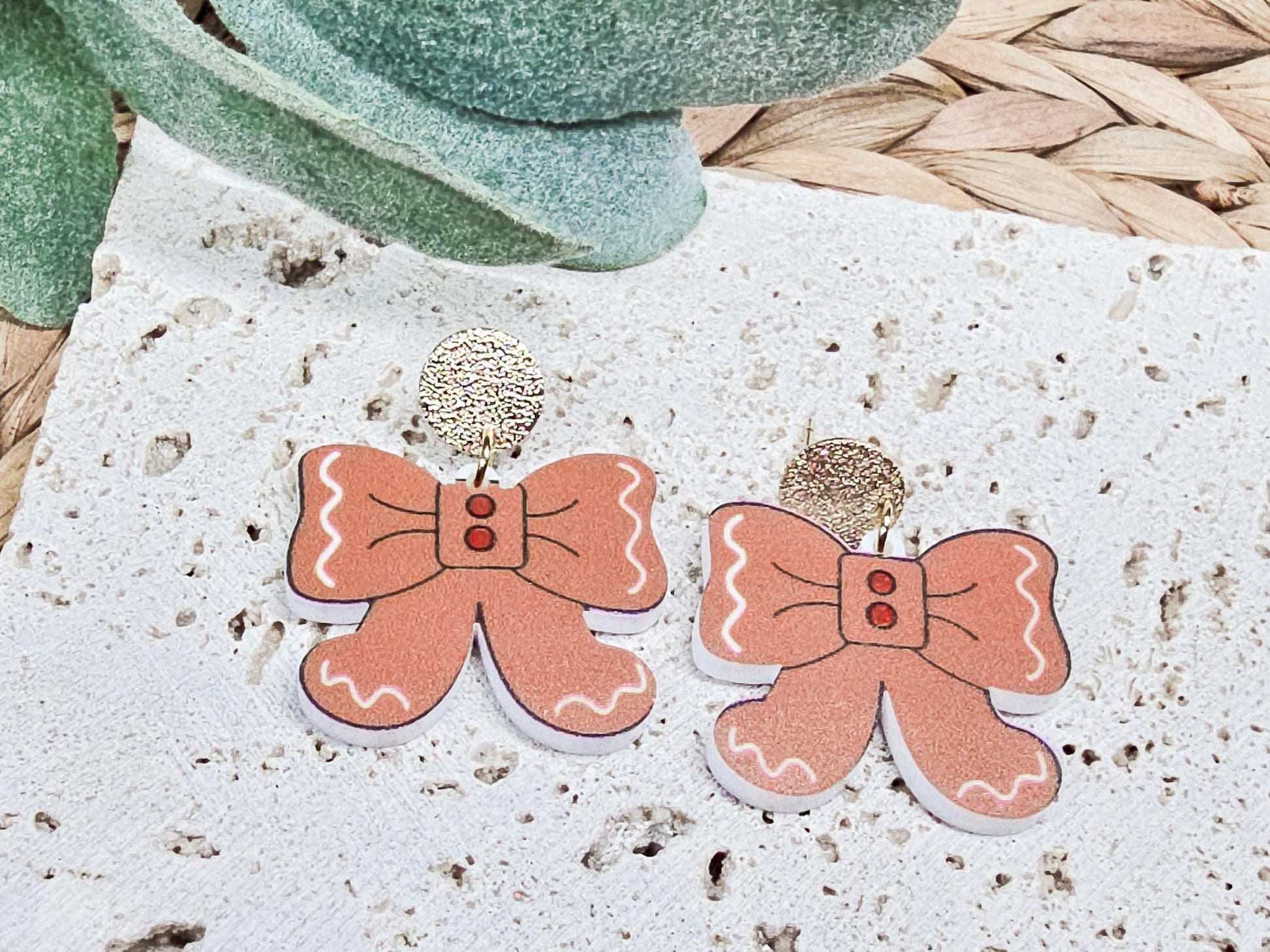 Santa Bow Earrings, Elf Accessories, Gingerbread Acrylic, Reindeer Jewelry