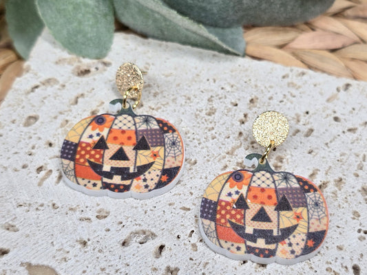 Patch Pumpkin Earrings, Acrylic Pumpkin Jewelry