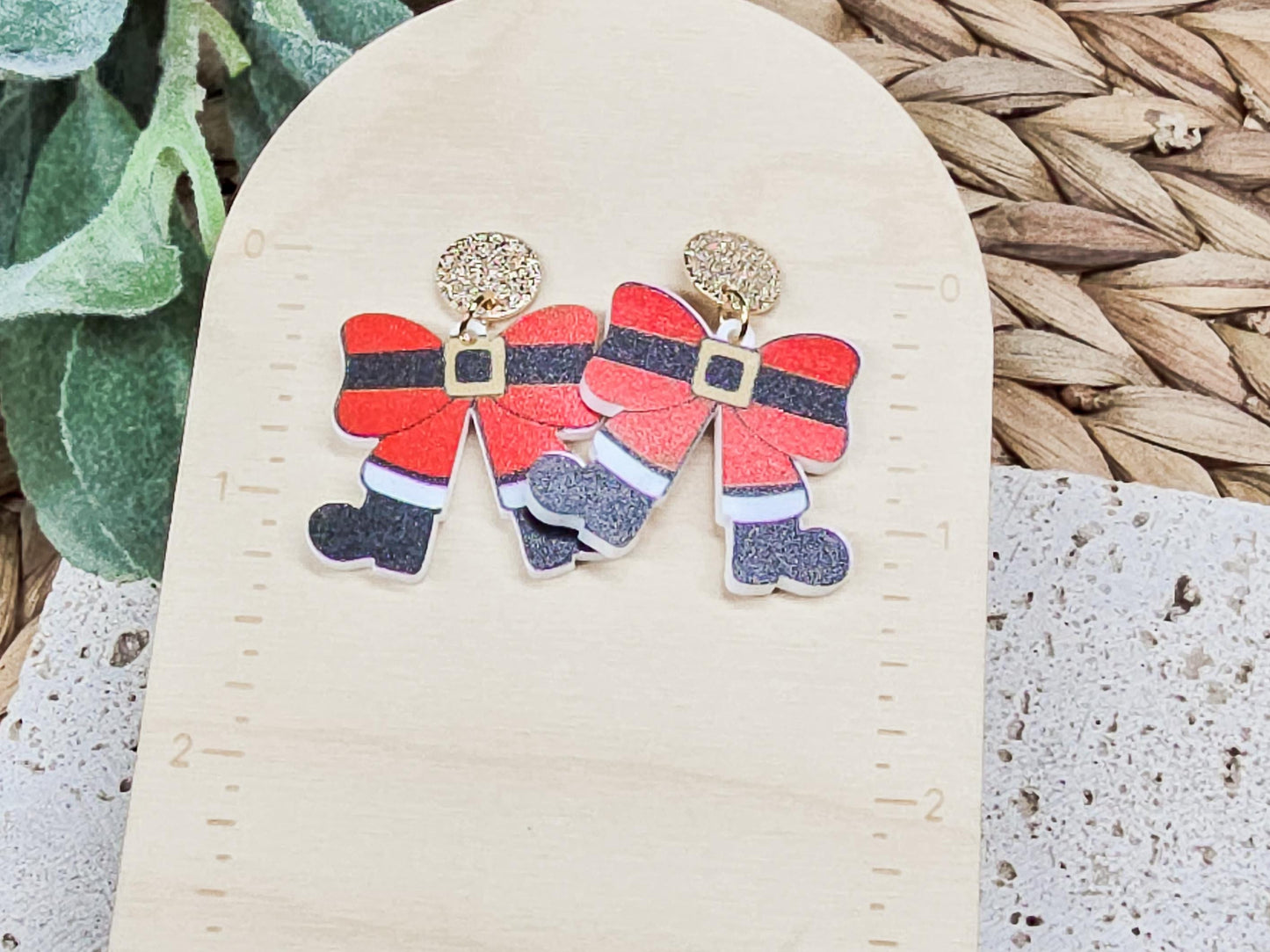 Santa Bow Earrings, Elf Accessories, Gingerbread Acrylic, Reindeer Jewelry