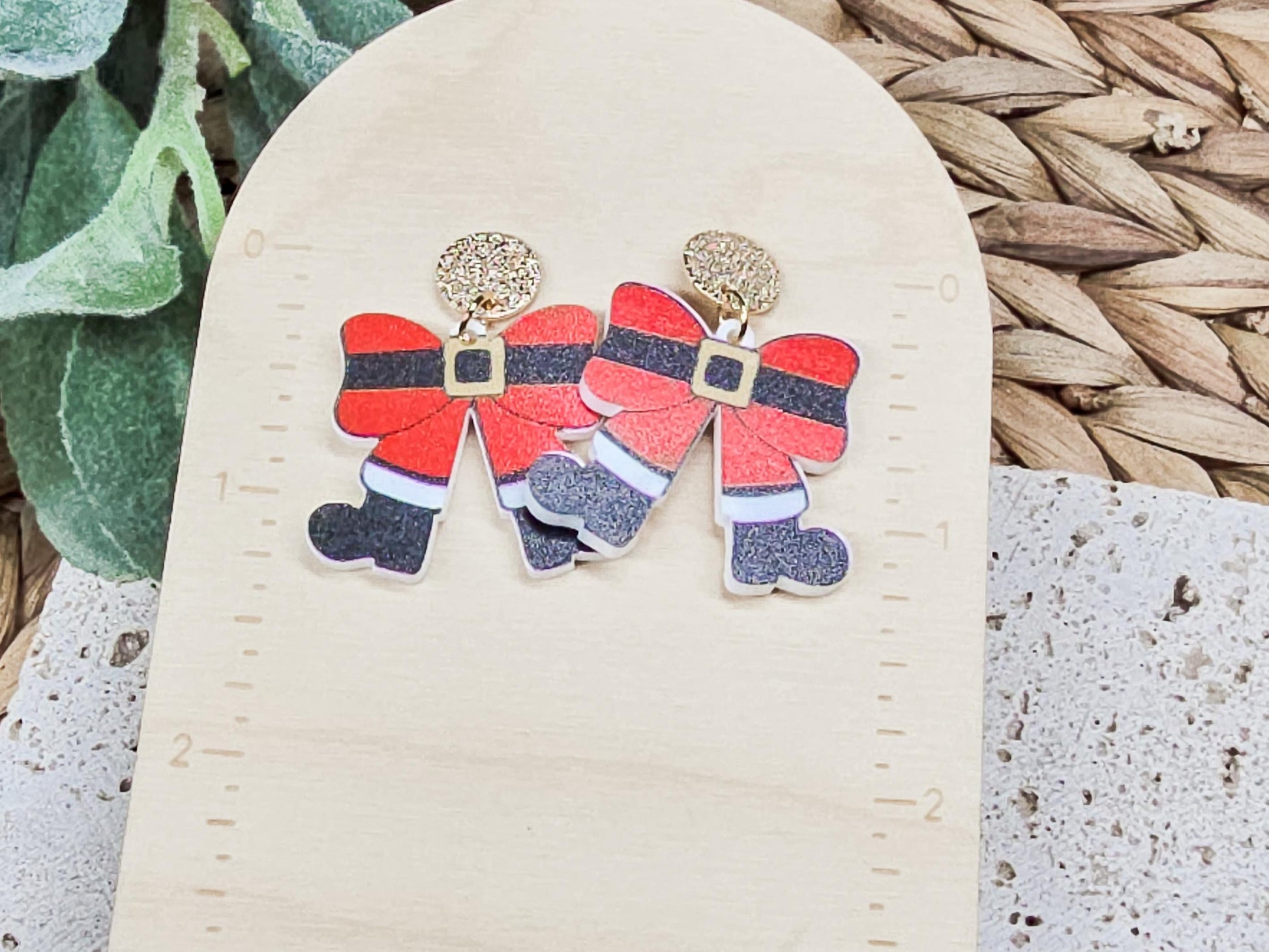 Santa Bow Earrings, Elf Accessories, Gingerbread Acrylic, Reindeer Jewelry