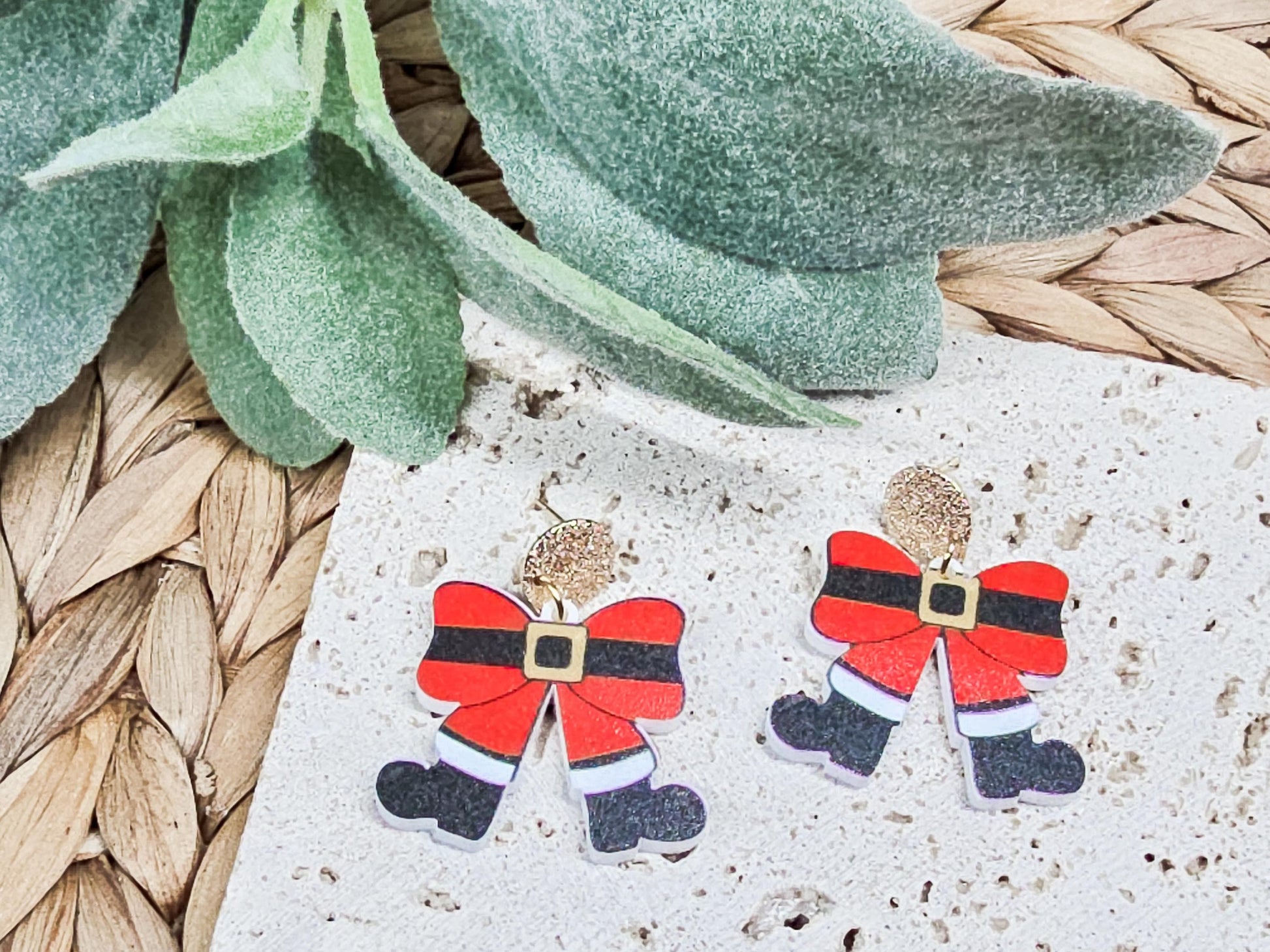 Santa Bow Earrings, Elf Accessories, Gingerbread Acrylic, Reindeer Jewelry