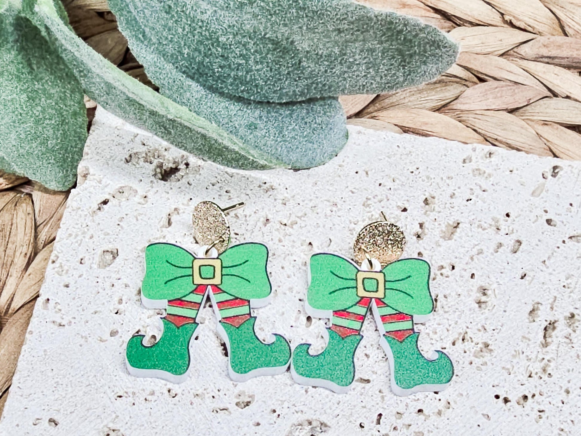 Santa Bow Earrings, Elf Accessories, Gingerbread Acrylic, Reindeer Jewelry
