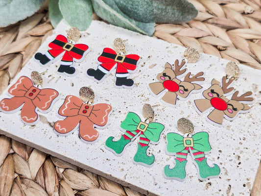 Santa Bow Earrings, Elf Accessories, Gingerbread Acrylic, Reindeer Jewelry