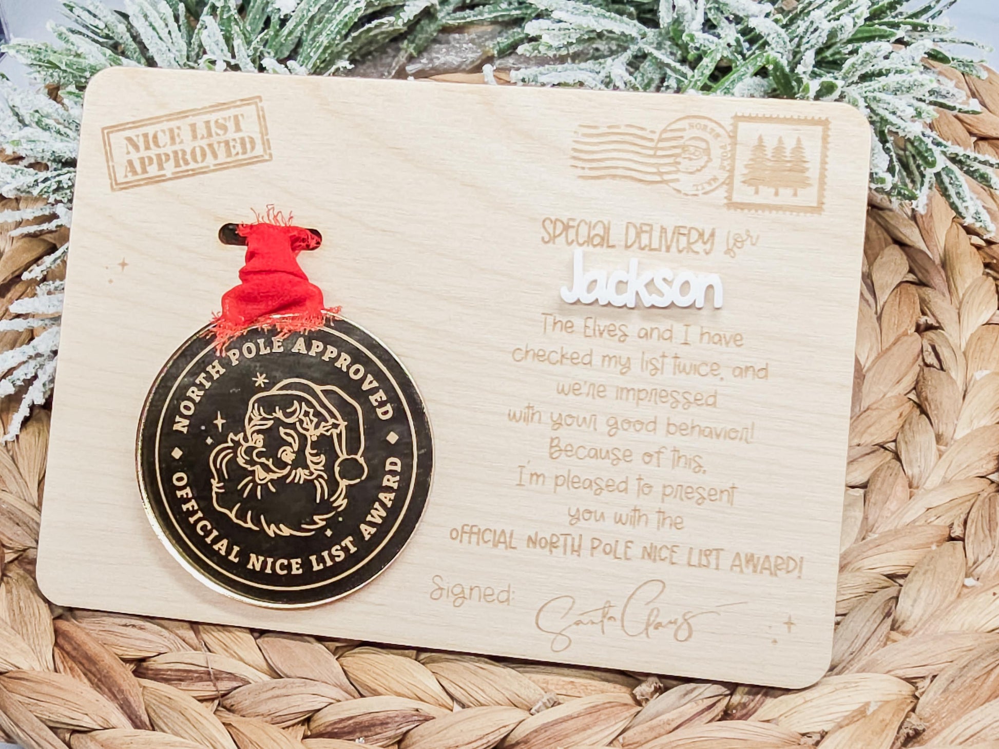 Nice List Metal and Plaque, Christmas Decor, Santa Sign, Grandkid Ornament