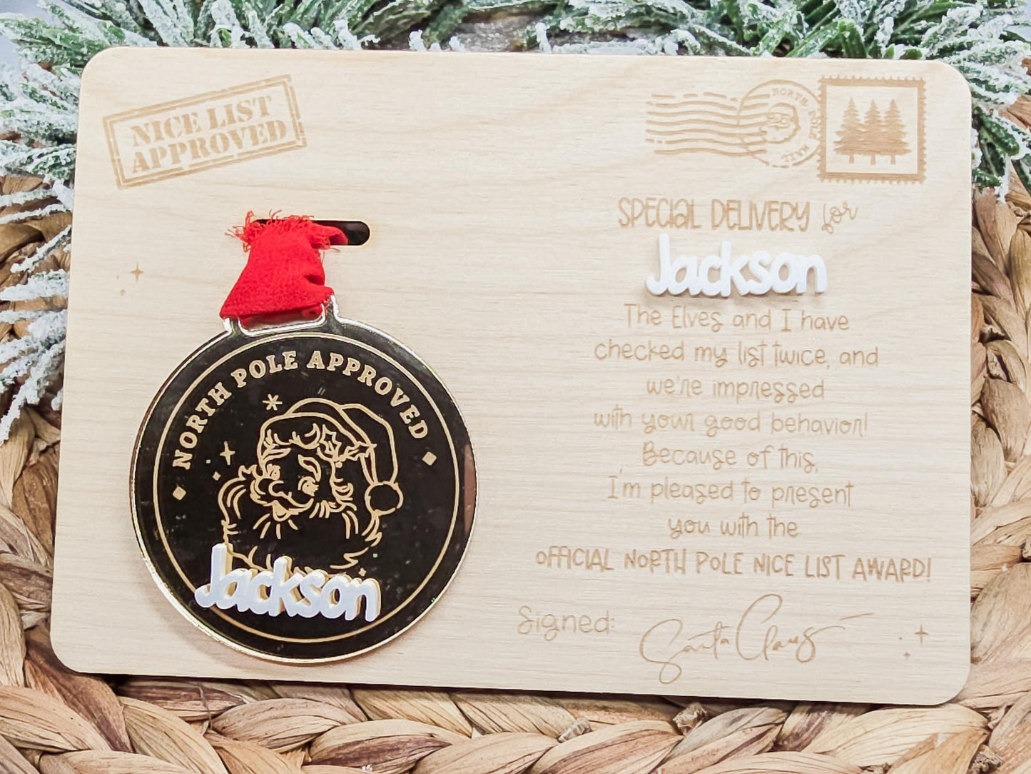 Nice List Metal and Plaque, Christmas Decor, Santa Sign, Grandkid Ornament