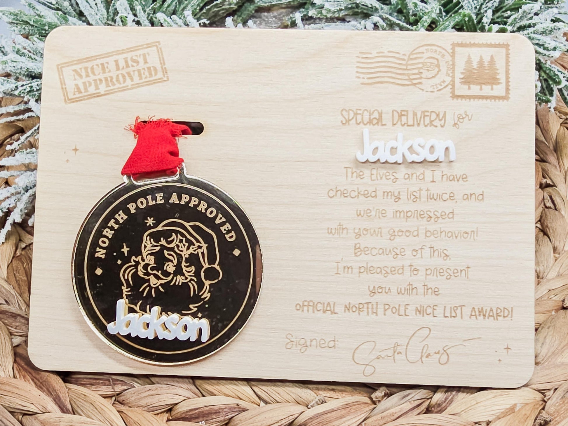 Nice List Metal and Plaque, Christmas Decor, Santa Sign, Grandkid Ornament