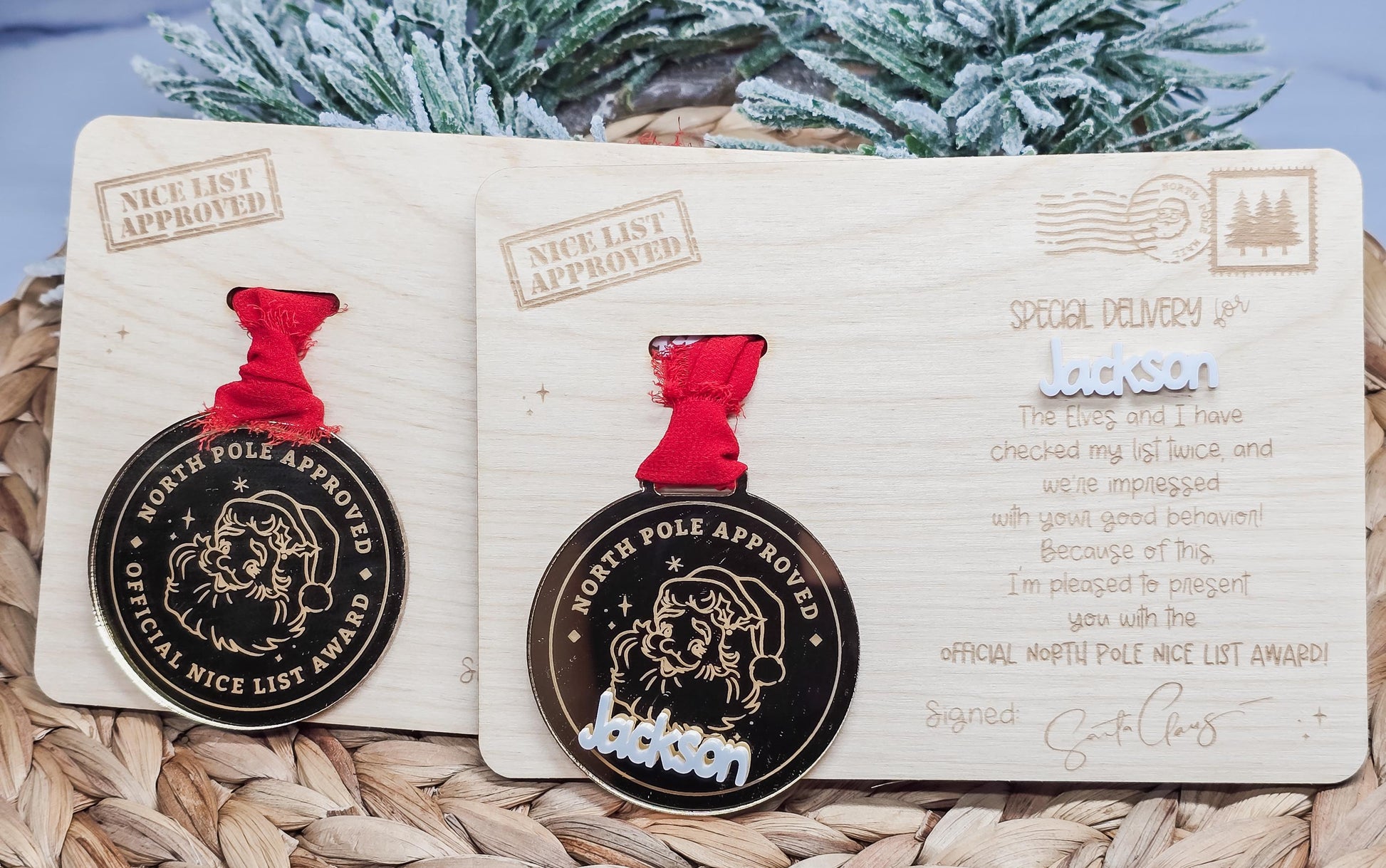 Nice List Metal and Plaque, Christmas Decor, Santa Sign, Grandkid Ornament