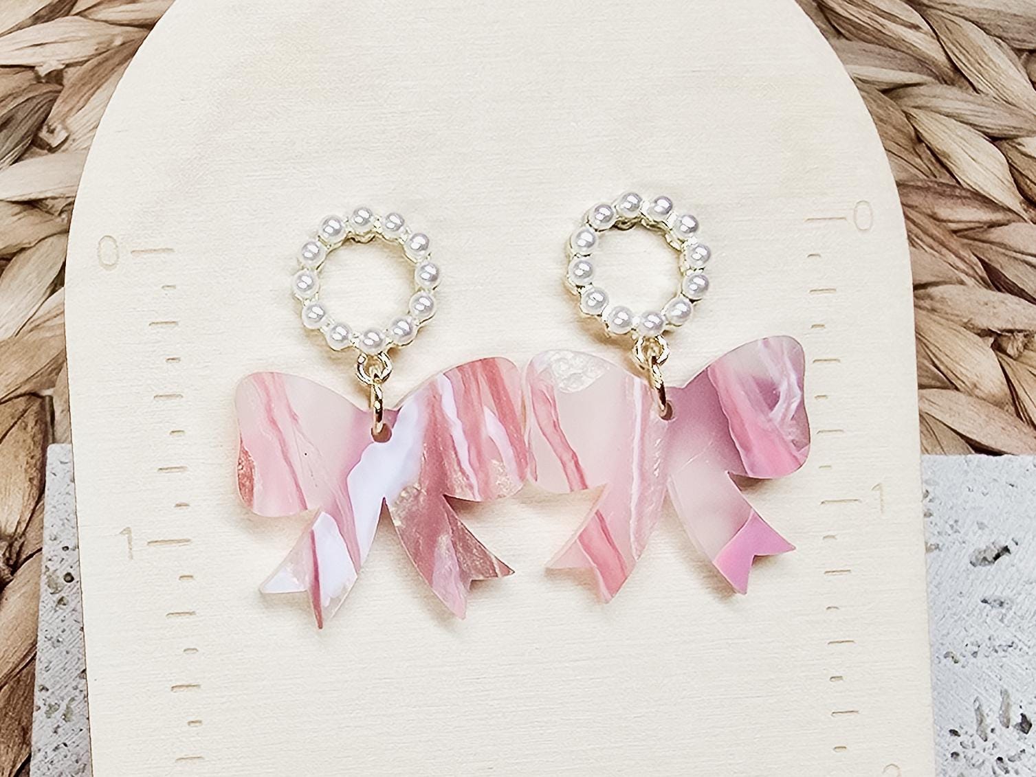 Mini Bow Acrylic Earrings, Valentine's Accessories, Fun Accessories, Statement Jewelry, Pearl Earrings