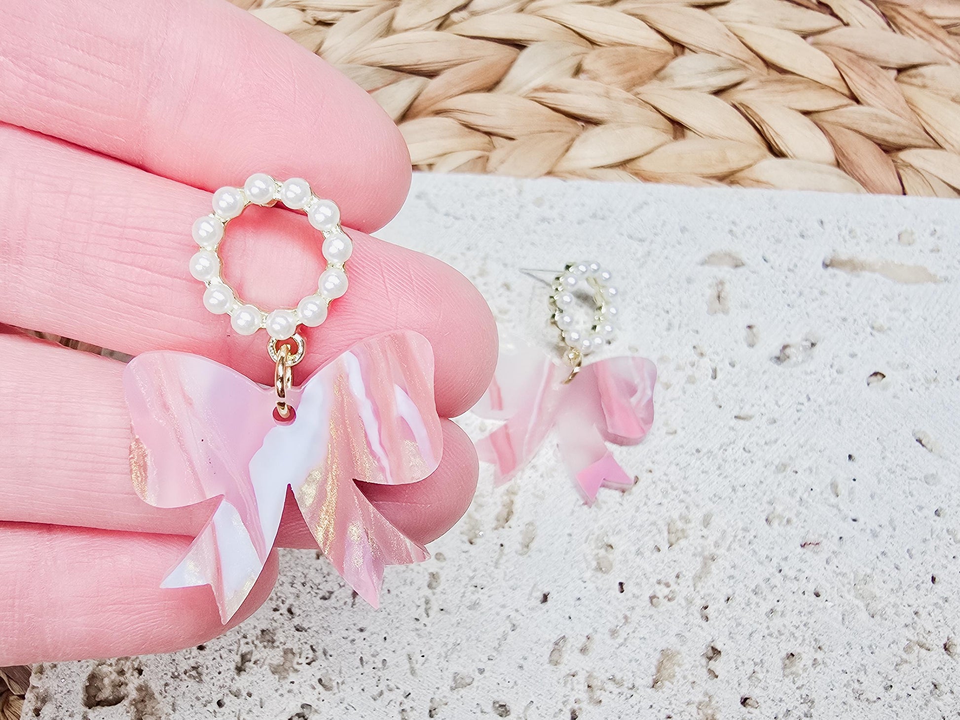 Mini Bow Acrylic Earrings, Valentine's Accessories, Fun Accessories, Statement Jewelry, Pearl Earrings