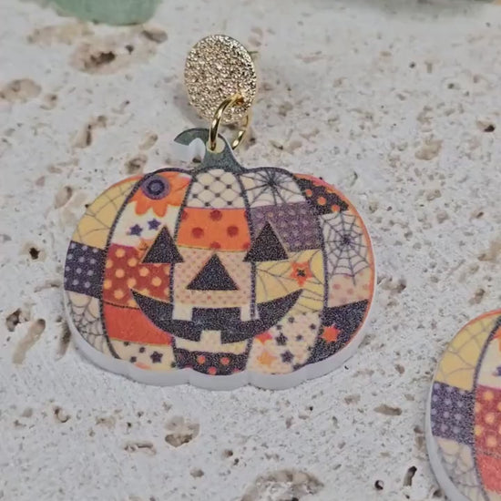 Patch Pumpkin Earrings, Acrylic Pumpkin Jewelry