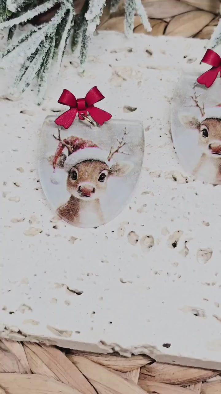 Vintage Reindeer Earrings, Christmas Jewelry, Holiday Winter Accessories, Acrylic Earrings, Rudolph Earrings