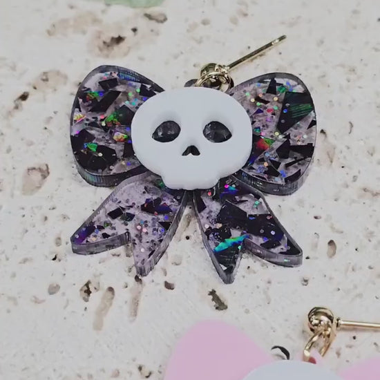 Skull Bow Earrings, Acrylic Halloween Accessories