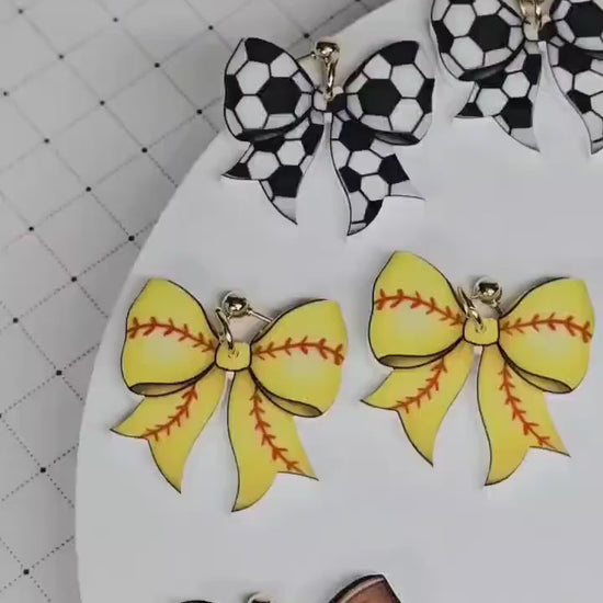 Sports Bow Earrings, Statement Acrylic Earrings, Soccer Acrylic Dangles, Sports Mama Gift