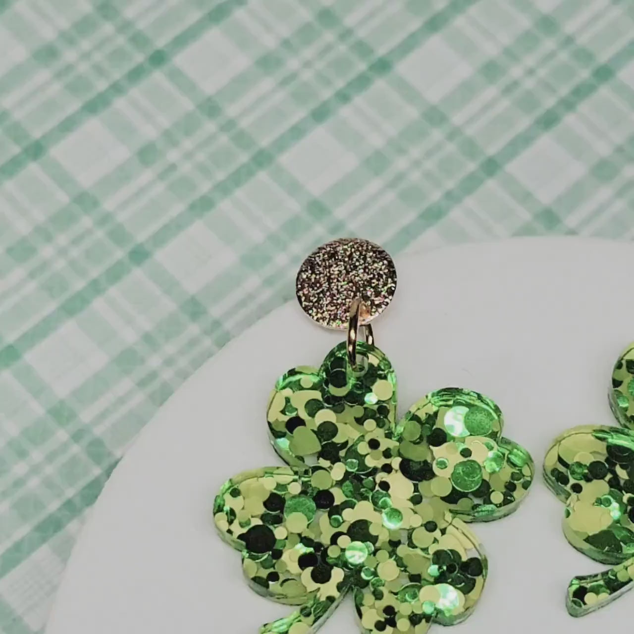 Green Glitter Shamrock Earrings, St Patrick's Day Earrings, Statement Acrylic Earrings, Green Clover Accessories