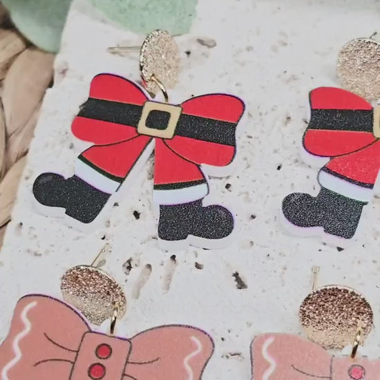 Santa Bow Earrings, Elf Accessories, Gingerbread Acrylic, Reindeer Jewelry