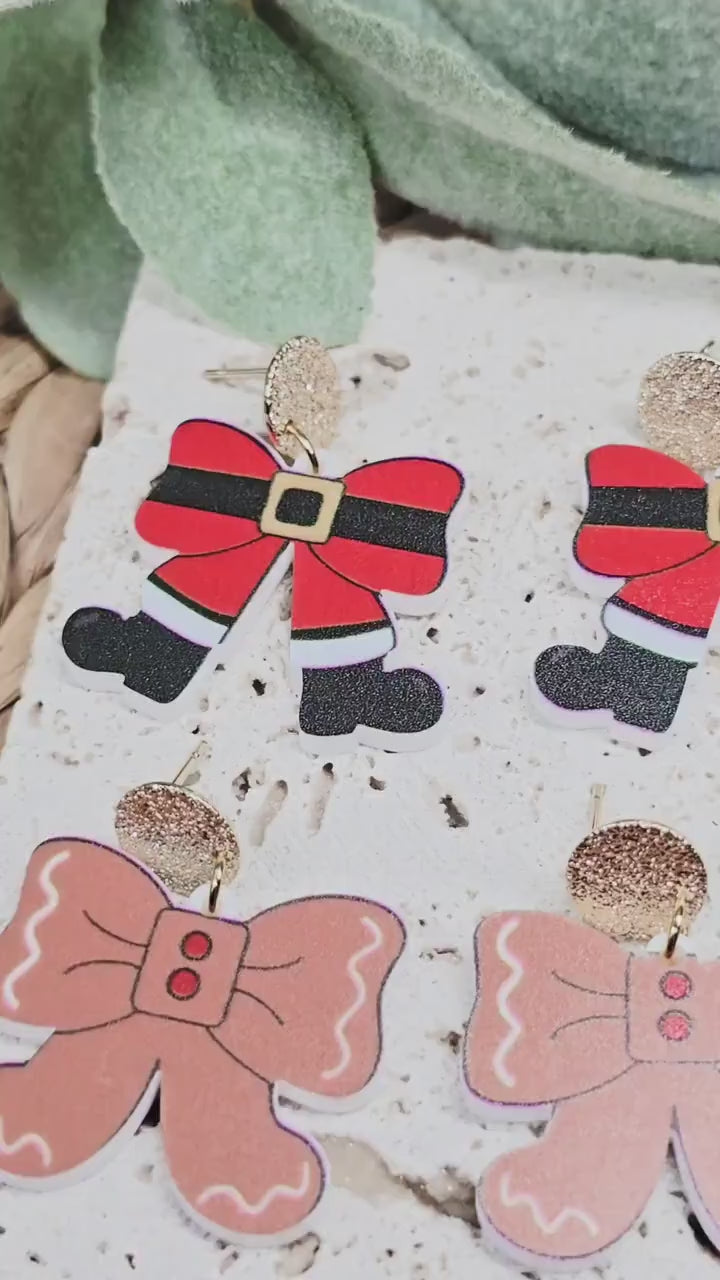 Santa Bow Earrings, Elf Accessories, Gingerbread Acrylic, Reindeer Jewelry