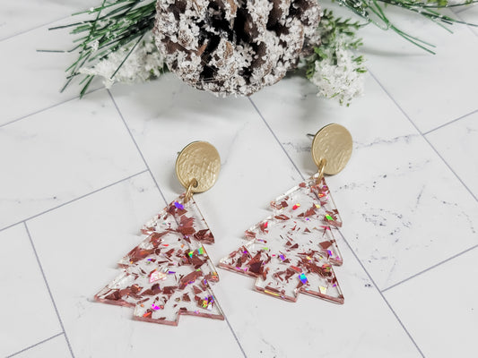 Rose Gold Flake Glitter Christmas Tree Earrings