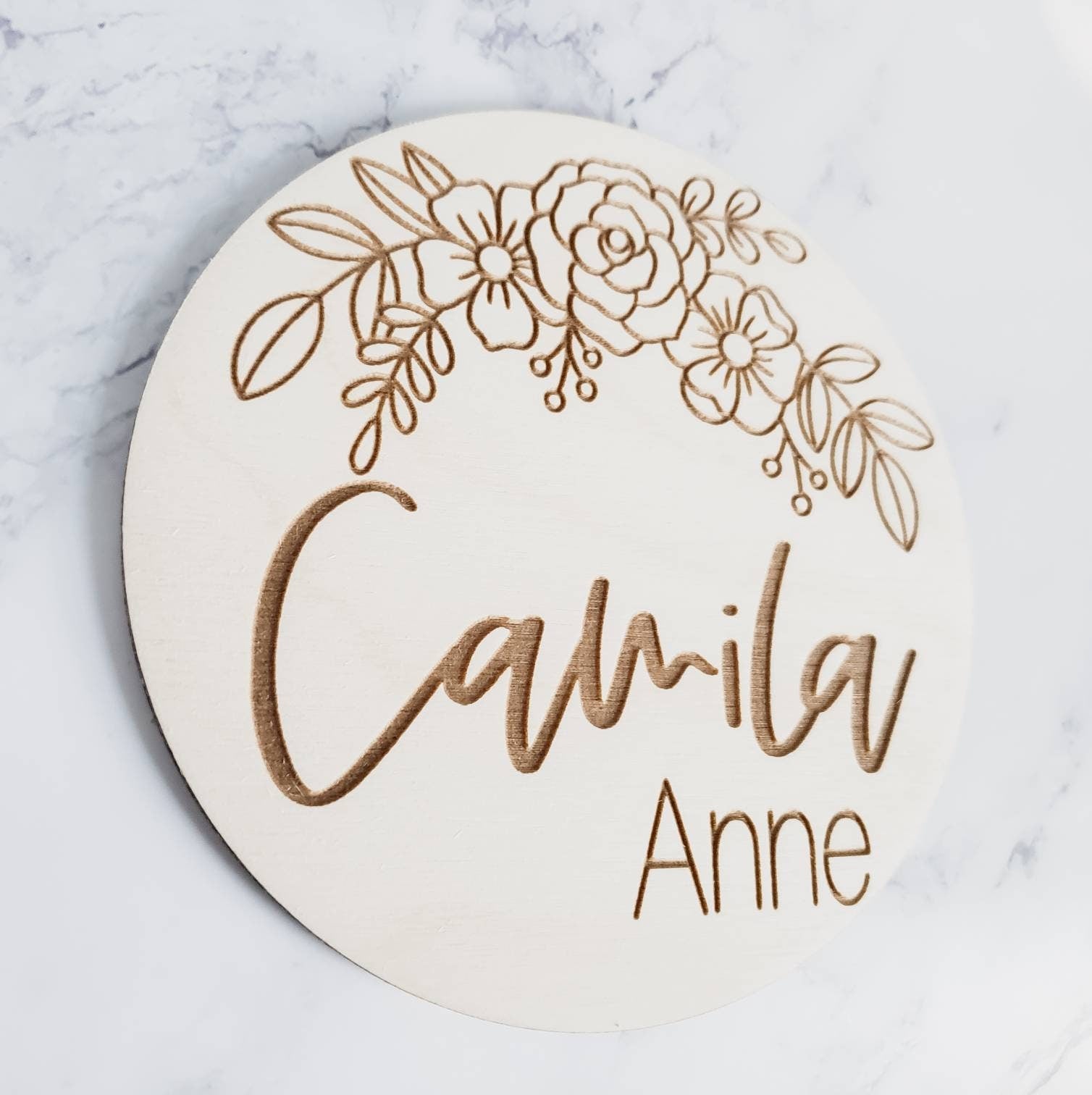 Engraved Baby Name Sign , Wooden Name Sign, Baby Name Plaque, Floral Nursery Decor, Name Announcement Plaque, Newborn Photo Prop