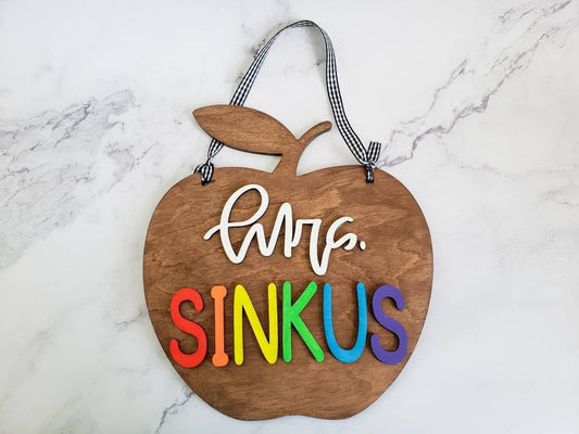 Personalized Teacher Sign, Apple 3D Sign, Classroom Decor, Unique Teacher Gift, Wooden Teacher Sign, Apple Sign, Kindergarten Teacher Sign