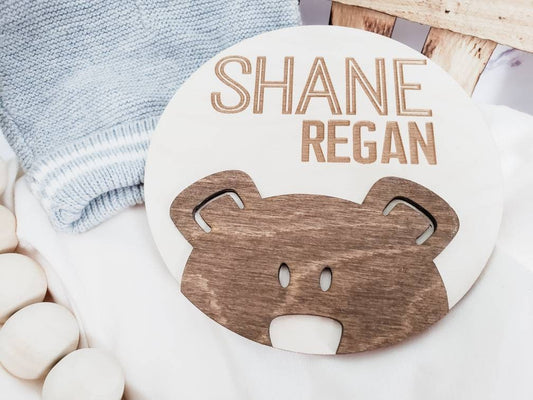 3D Birth Announcement Sign, Bear Plaque, Engraved Wooden Name Sign, New Baby Announcement Plaque, Newborn Photo Prop, Fresh 48 Baby Sign