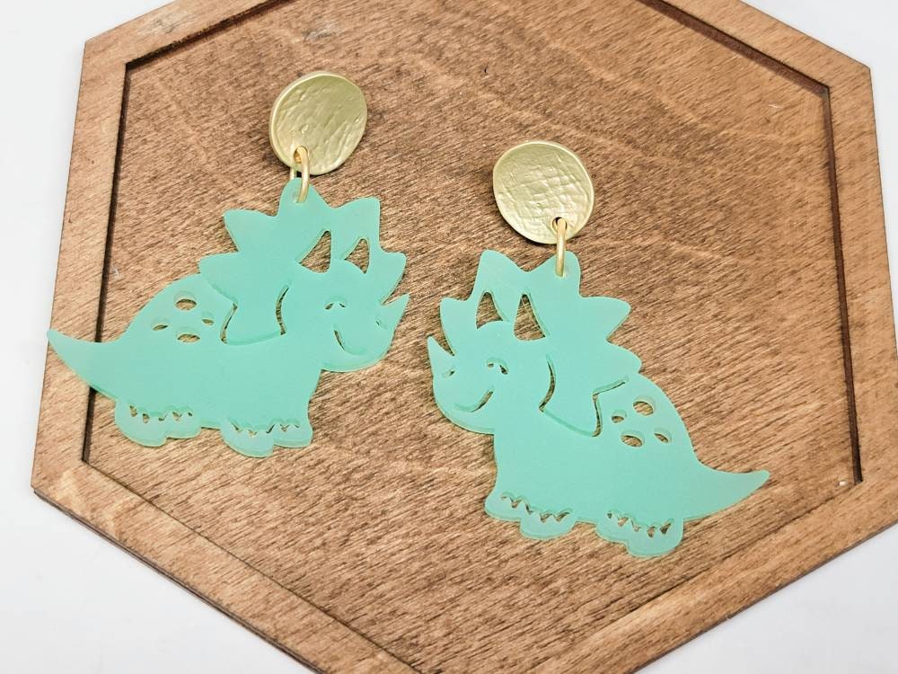 Triceratops Earrings, Dino Earrings, Acrylic Dinosaur Earrings, Statement Earrings, Dino Lover Gift, Dino Mama