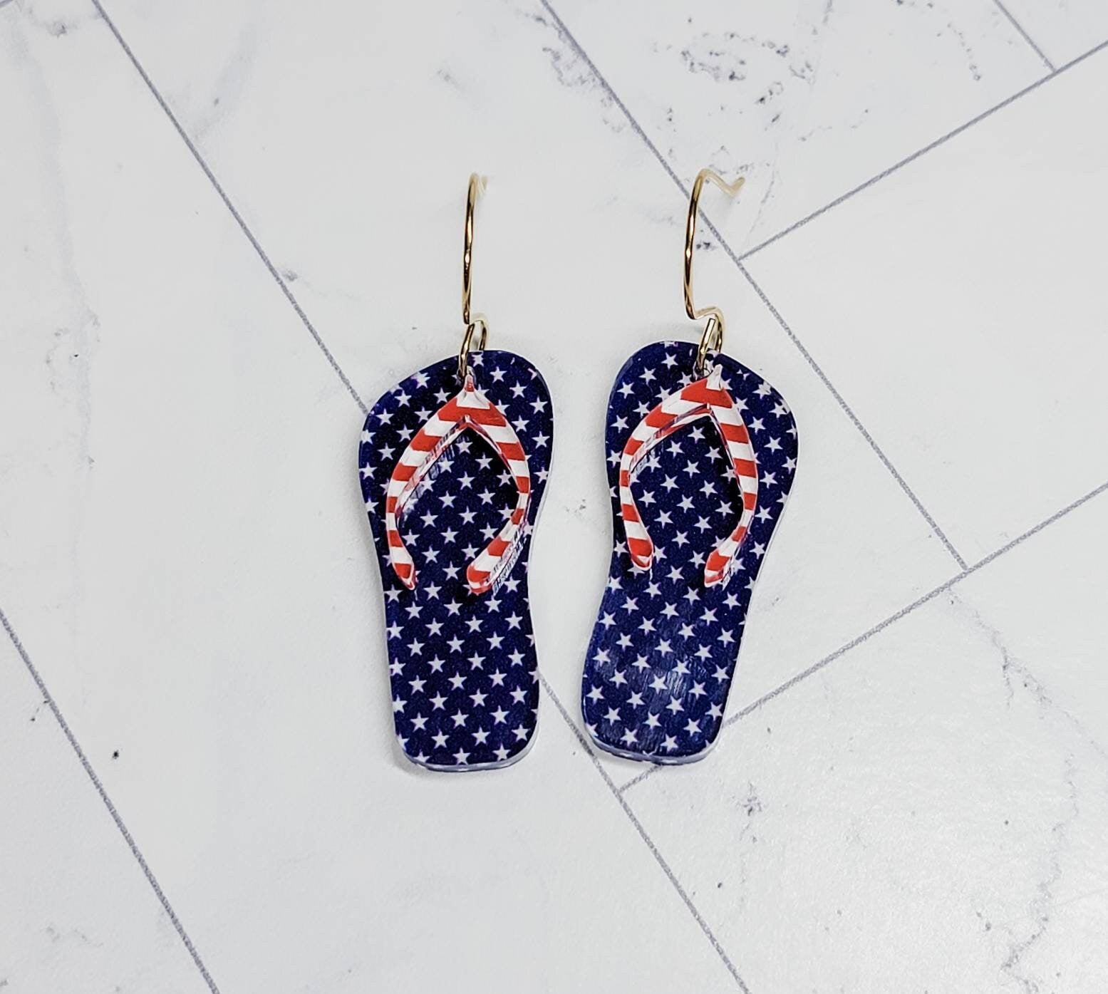 Stars and Stripes Patriotic Flip Flop Earrings, Summer Jewelry, 4th of July Accessories, Flip Flop Dangles