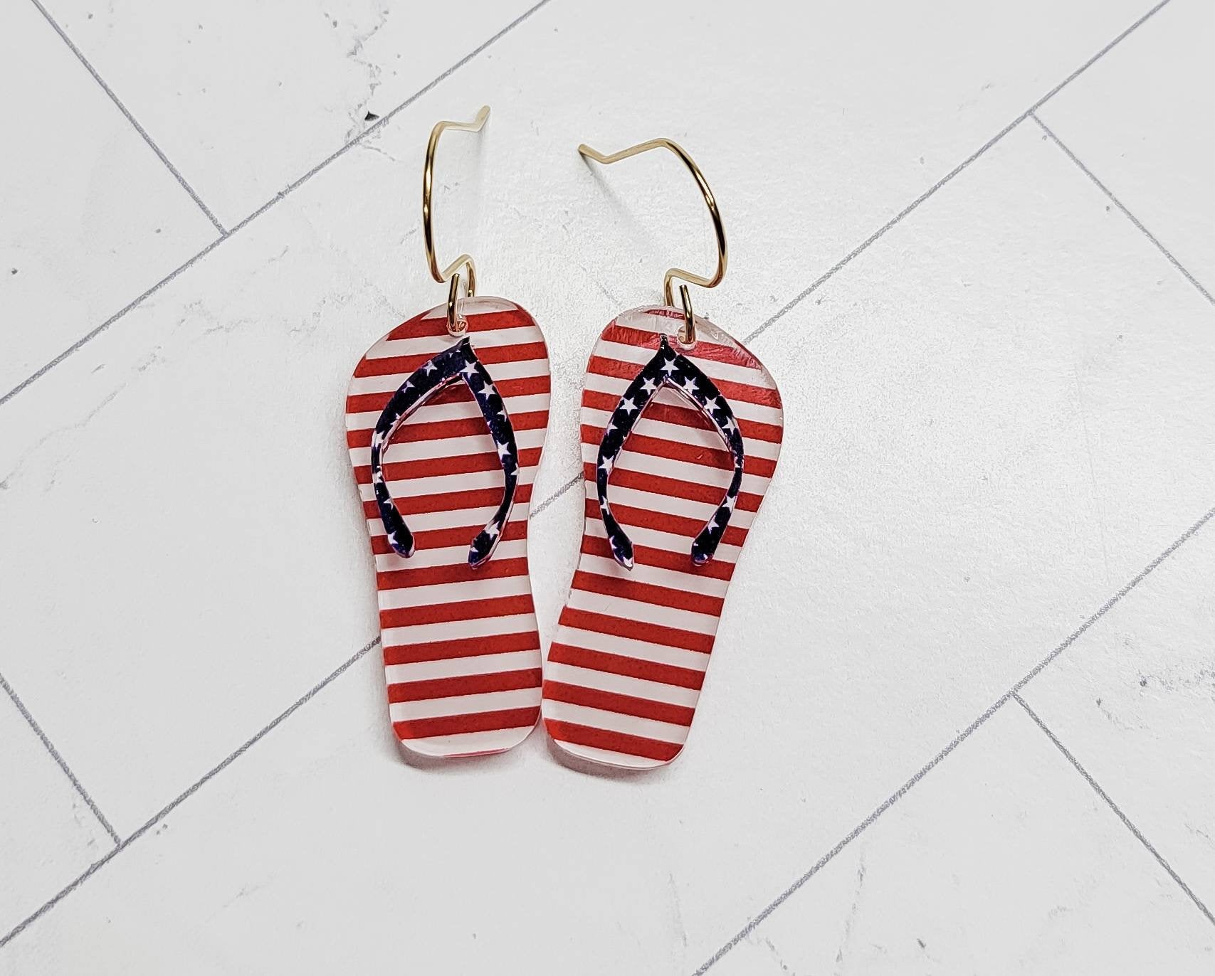 Stars and Stripes Patriotic Flip Flop Earrings, Summer Jewelry, 4th of July Accessories, Flip Flop Dangles