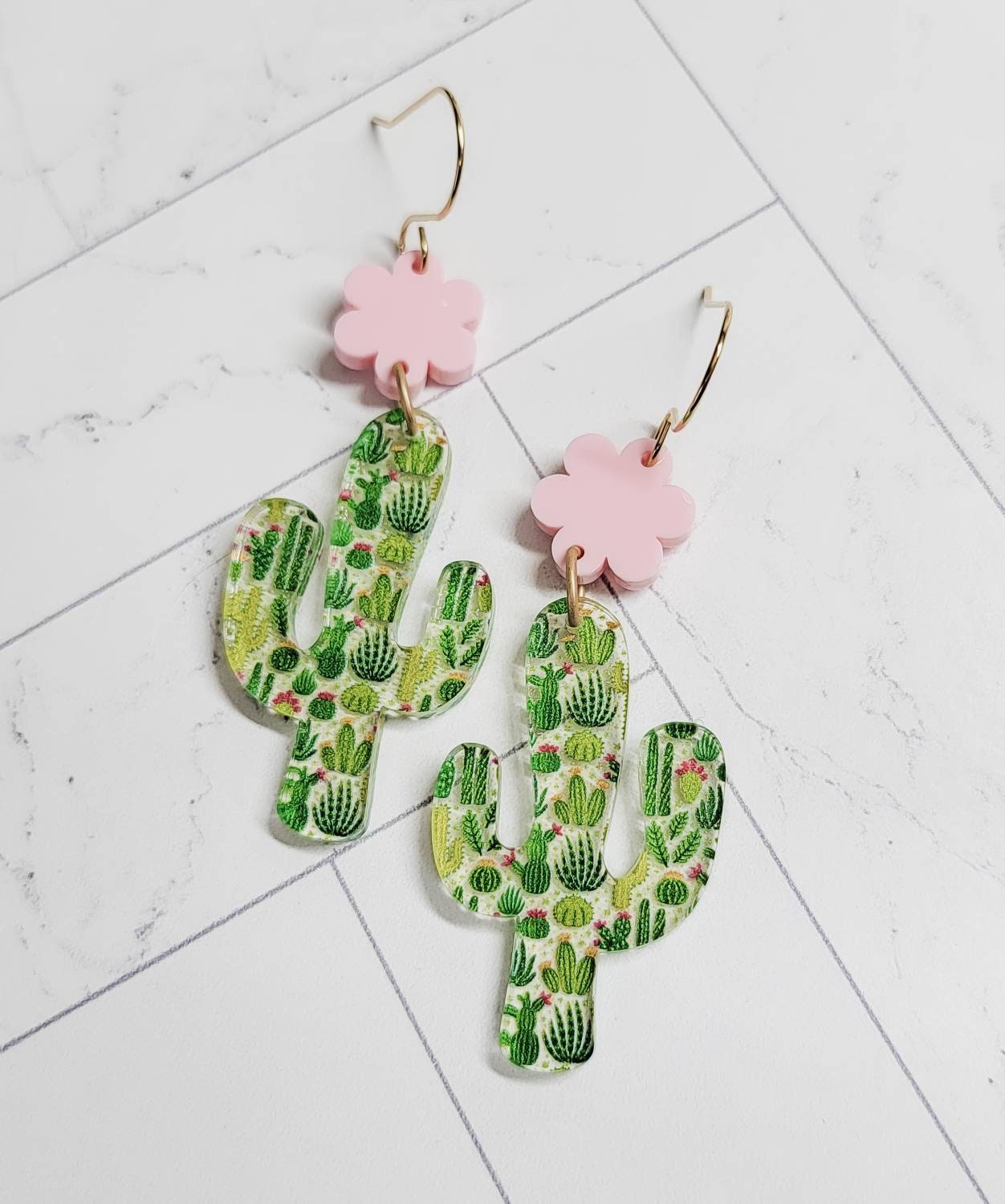 Cactus Acrylic Earrings, Floral Jewelry, Western Themed Designs, Summer Dangles