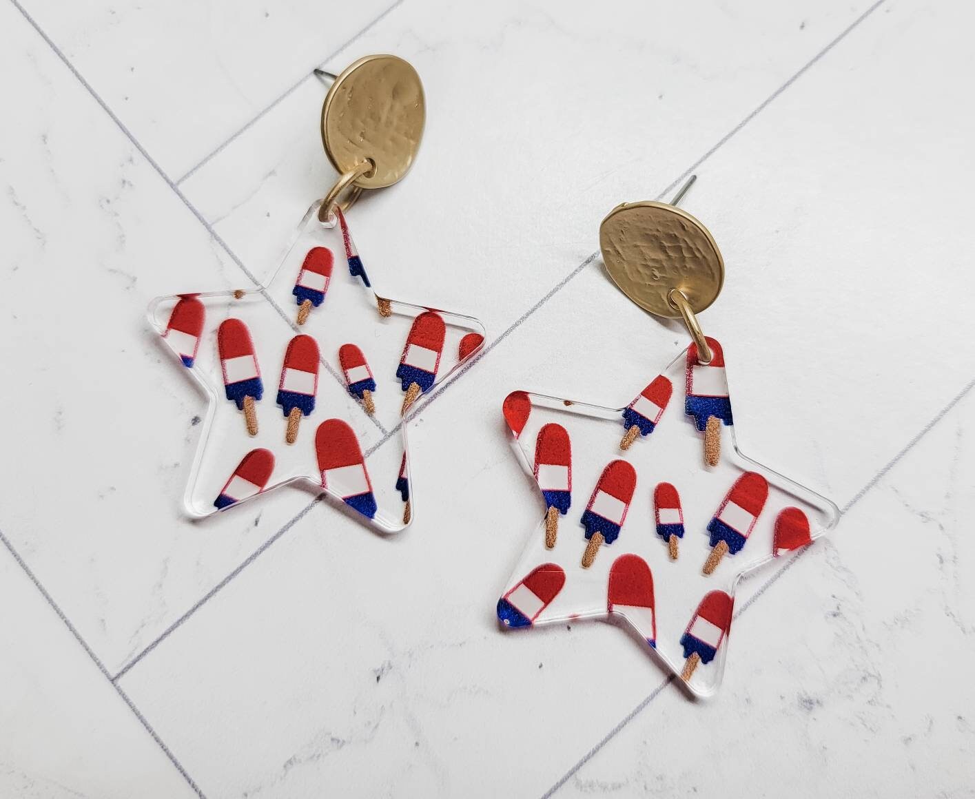 4th of July Star Earrings, Patriotic Jewelry, Flag Dangles, USA Accessories, Patriotic Statement Earrings