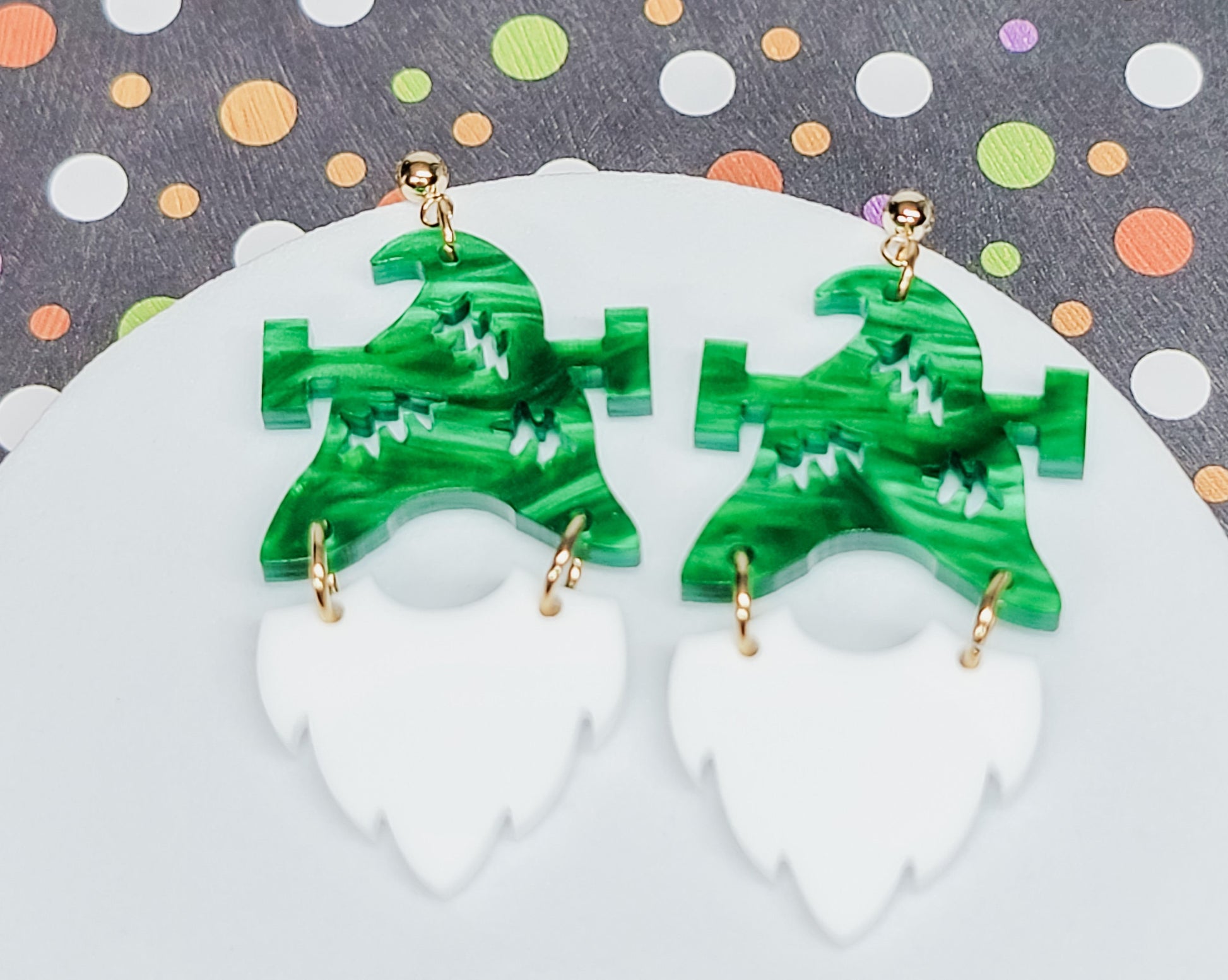 Frankenstein Gnome Earrings, Halloween Earrings, Accessories, Statement Acrylic Earrings, Acrylic Earrings, Green Pearl Jewelry