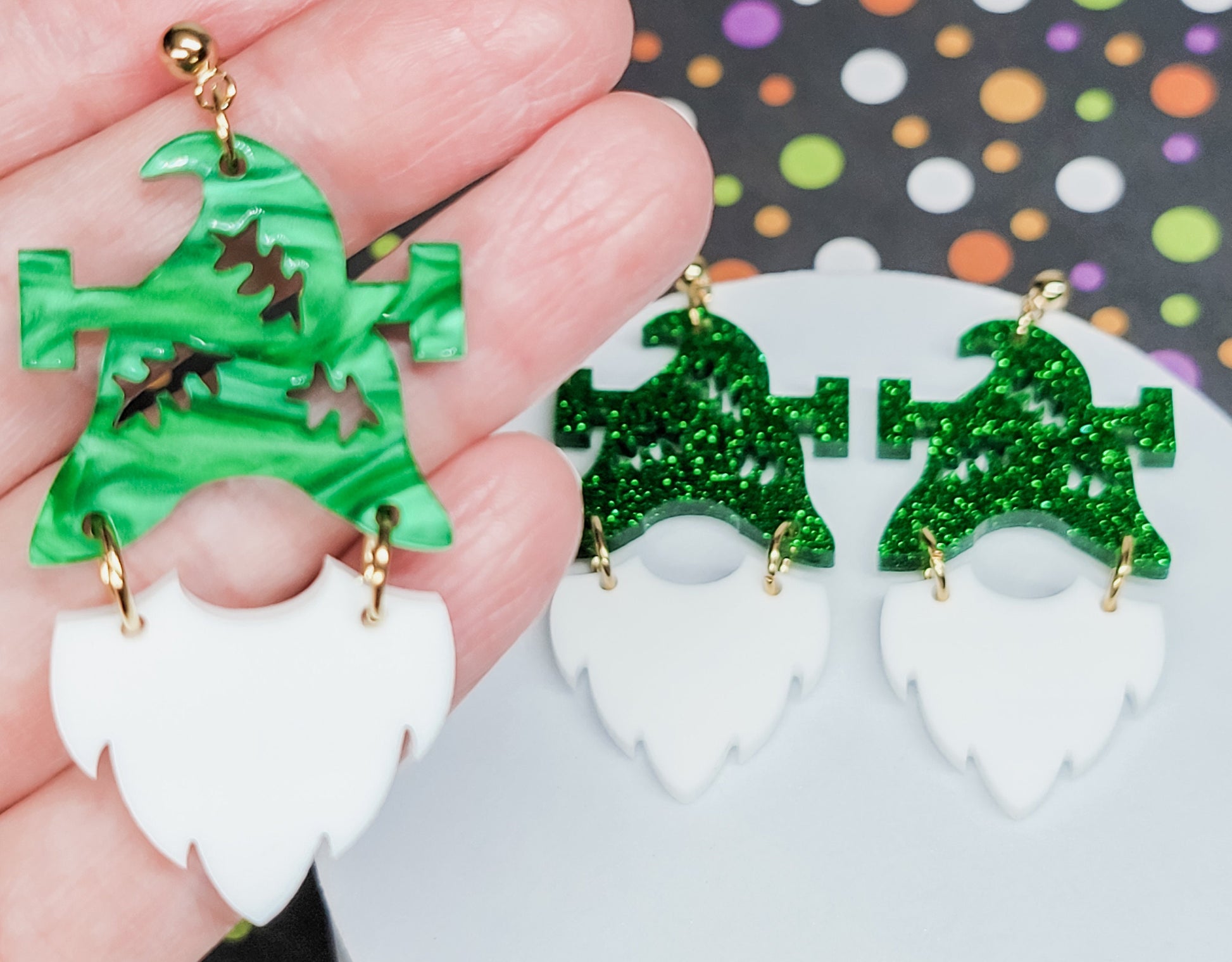 Frankenstein Gnome Earrings, Halloween Earrings, Accessories, Statement Acrylic Earrings, Acrylic Earrings, Green Pearl Jewelry