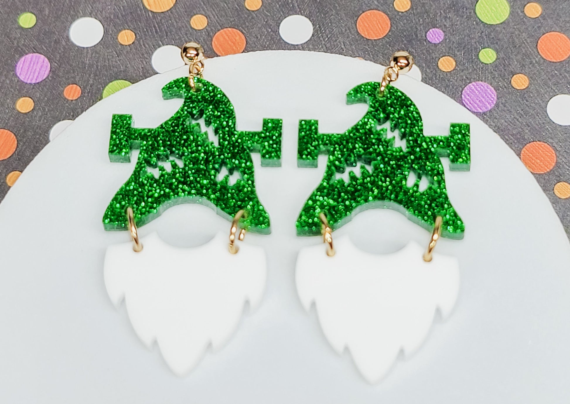 Frankenstein Gnome Earrings, Halloween Earrings, Accessories, Statement Acrylic Earrings, Acrylic Earrings, Green Pearl Jewelry