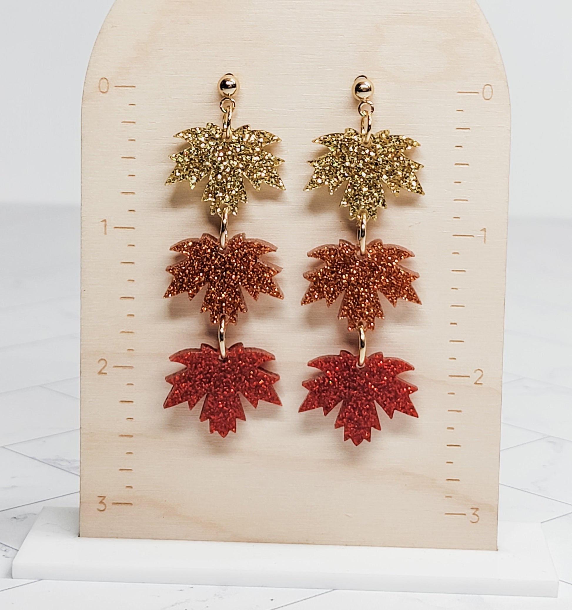 Stacked Maple Leaf Acrylic Earrings, Glitter Leaf Earring, Fall Jewelry, Leaf Dangles, Ball Studs