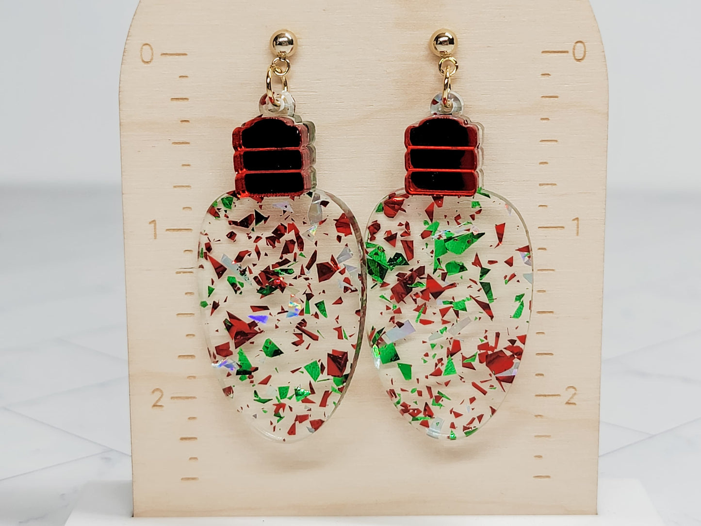 Christmas Tree Light Bulb Dangle Earrings, Christmas Earrings, Holiday Winter Accessories, Statement Acrylic Earrings, Acrylic Earrings