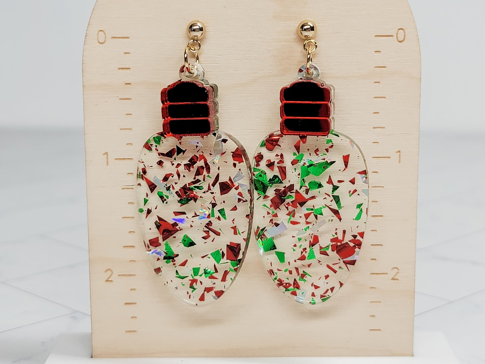 Christmas Tree Light Bulb Dangle Earrings, Christmas Earrings, Holiday Winter Accessories, Statement Acrylic Earrings, Acrylic Earrings