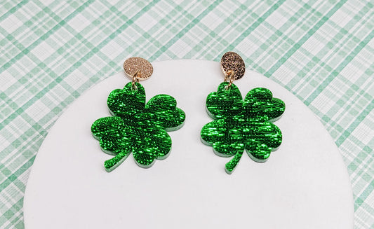 Green Glitter Shamrock Earrings, St Patrick's Day Earrings, Statement Acrylic Earrings, Green Clover Accessories
