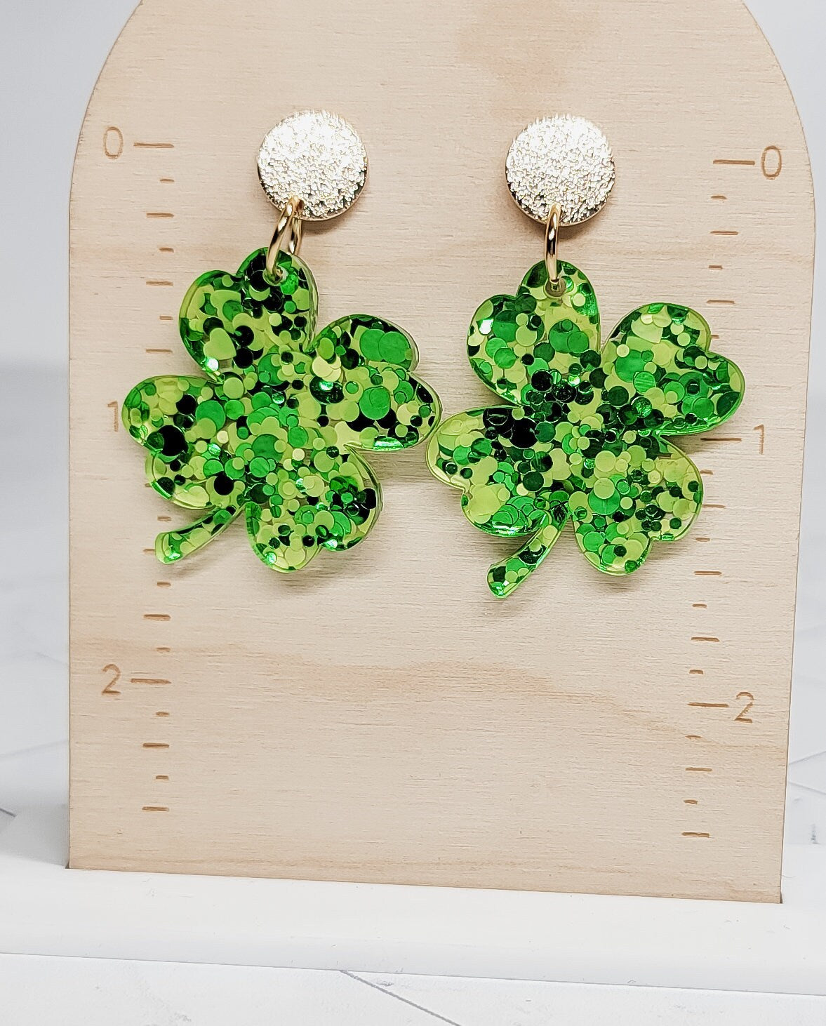 Green Glitter Shamrock Earrings, St Patrick's Day Earrings, Statement Acrylic Earrings, Green Clover Accessories