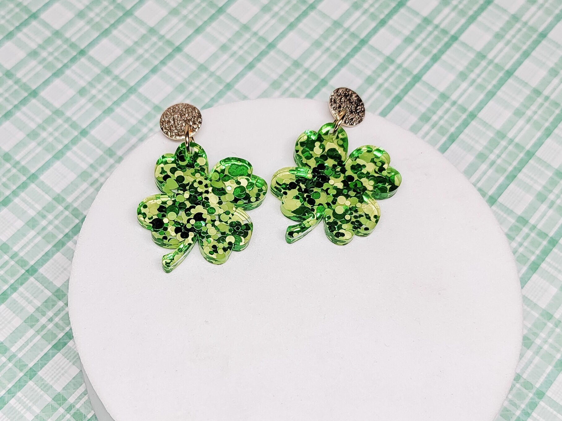 Green Glitter Shamrock Earrings, St Patrick's Day Earrings, Statement Acrylic Earrings, Green Clover Accessories